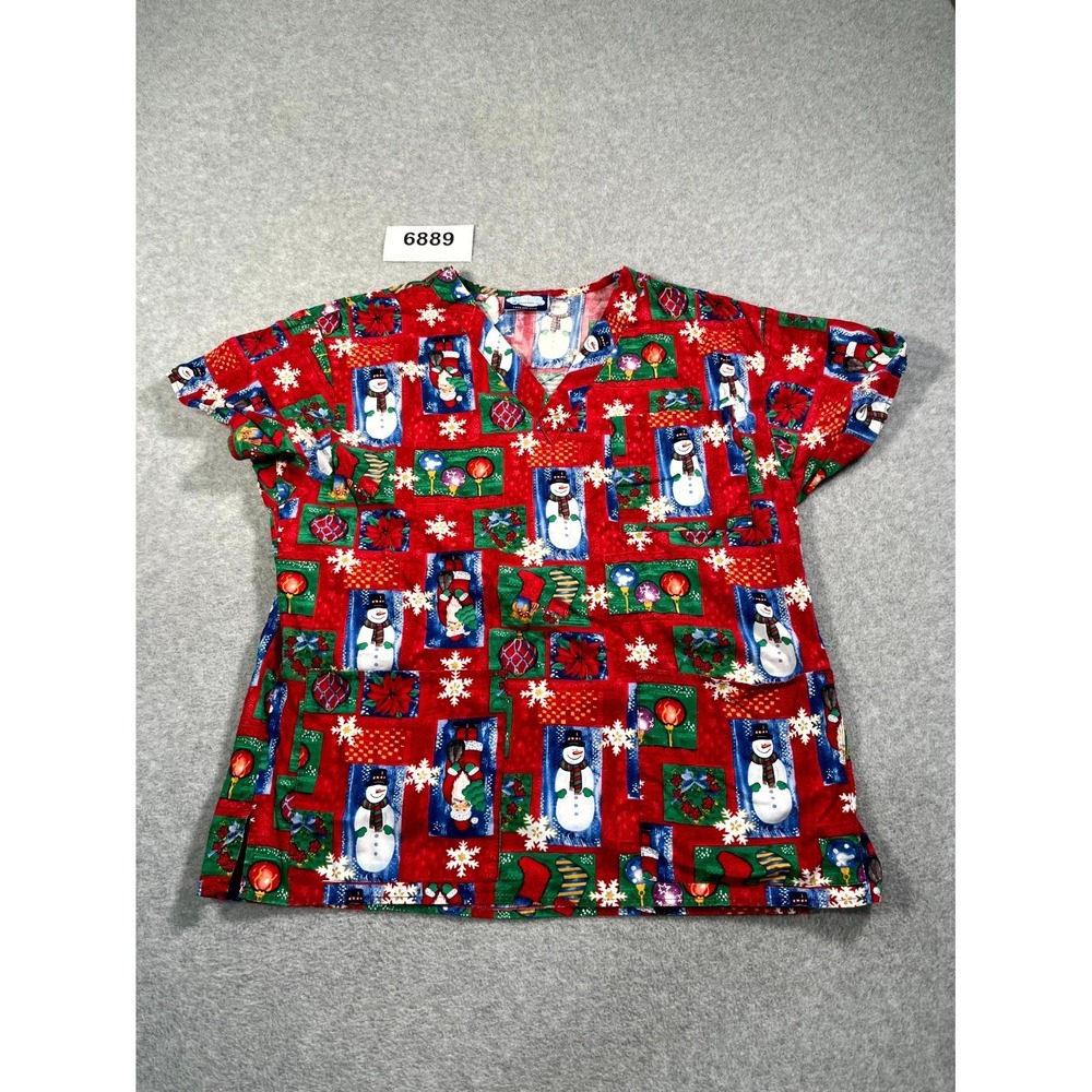 Comfy Cotton Scrub Top Womens Medium Red Snowman Santa Christmas Medical Nursing